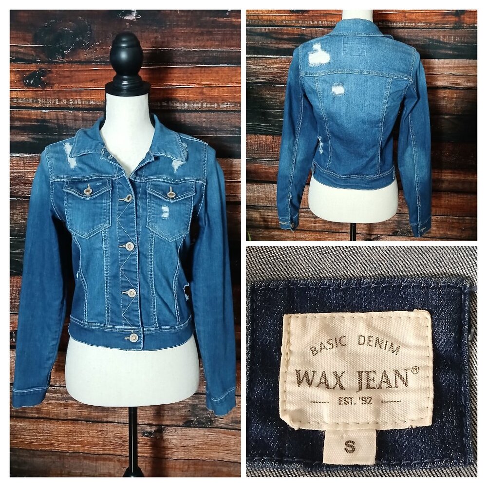 Wax Jean Jacket S Cropped Distressed Blue Denim Stretch Button Front